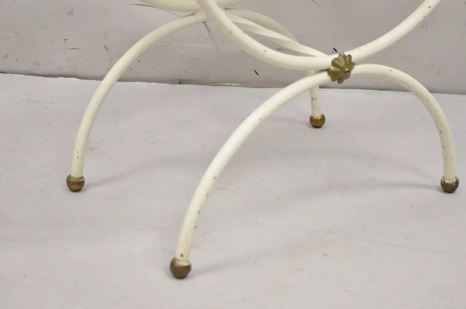 Vintage Italian Hollywood Regency White Iron Curule Savonarola Bench with Brass 4