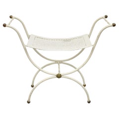 Vintage Italian Hollywood Regency White Iron Curule Savonarola Bench with Brass