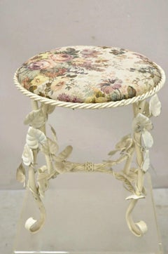 Vintage Italian Hollywood Regency White Metal Rope Floral Vanity Bench Stool
