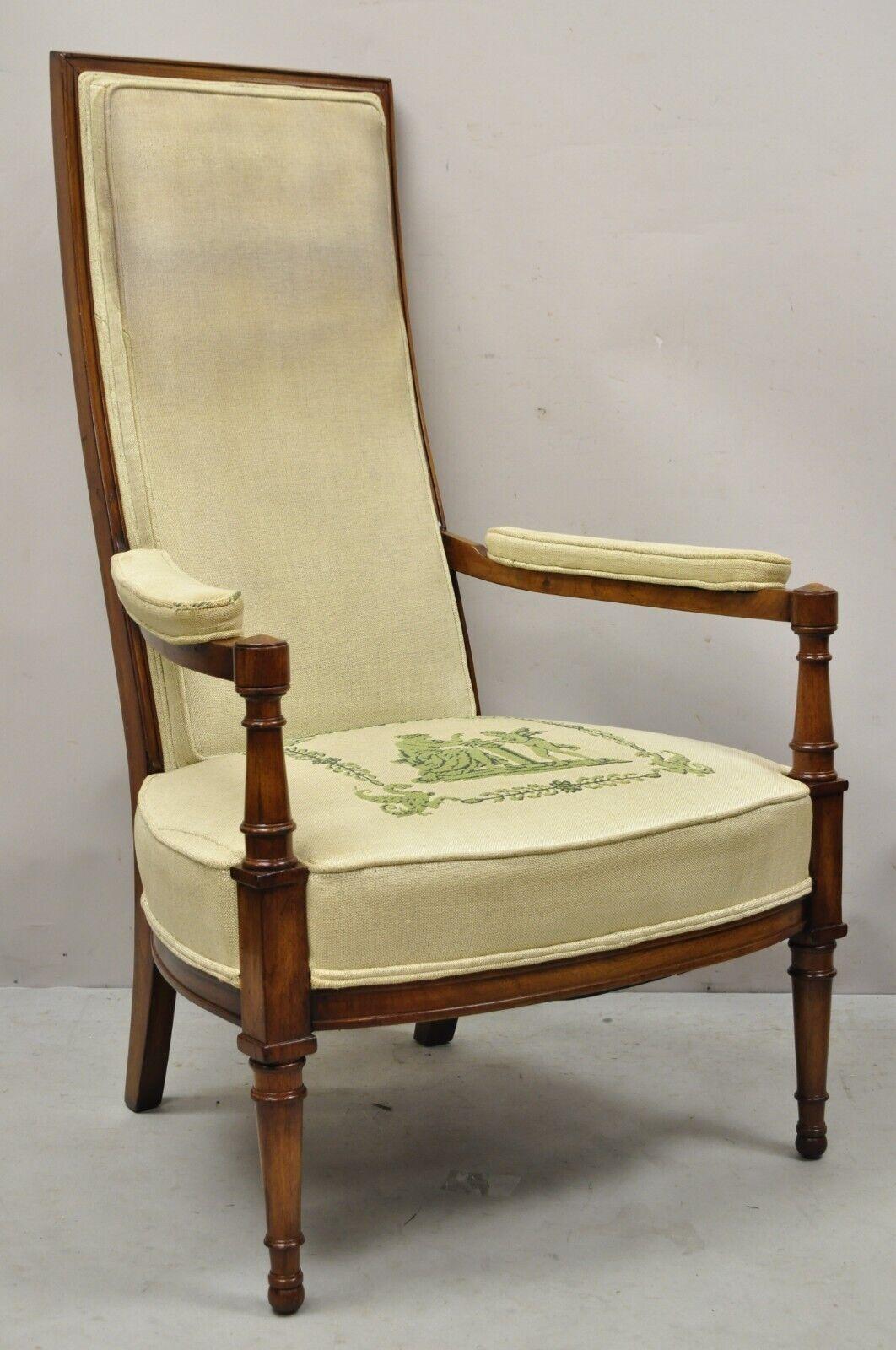Vintage Italian Hollywood Tall Back Upholstered Lounge arm chair. Item features a solid wood frame, upholstered armrests, tapered legs, very nice vintage item, great style and form. Circa Mid 20th Century. Measurements: 43.5