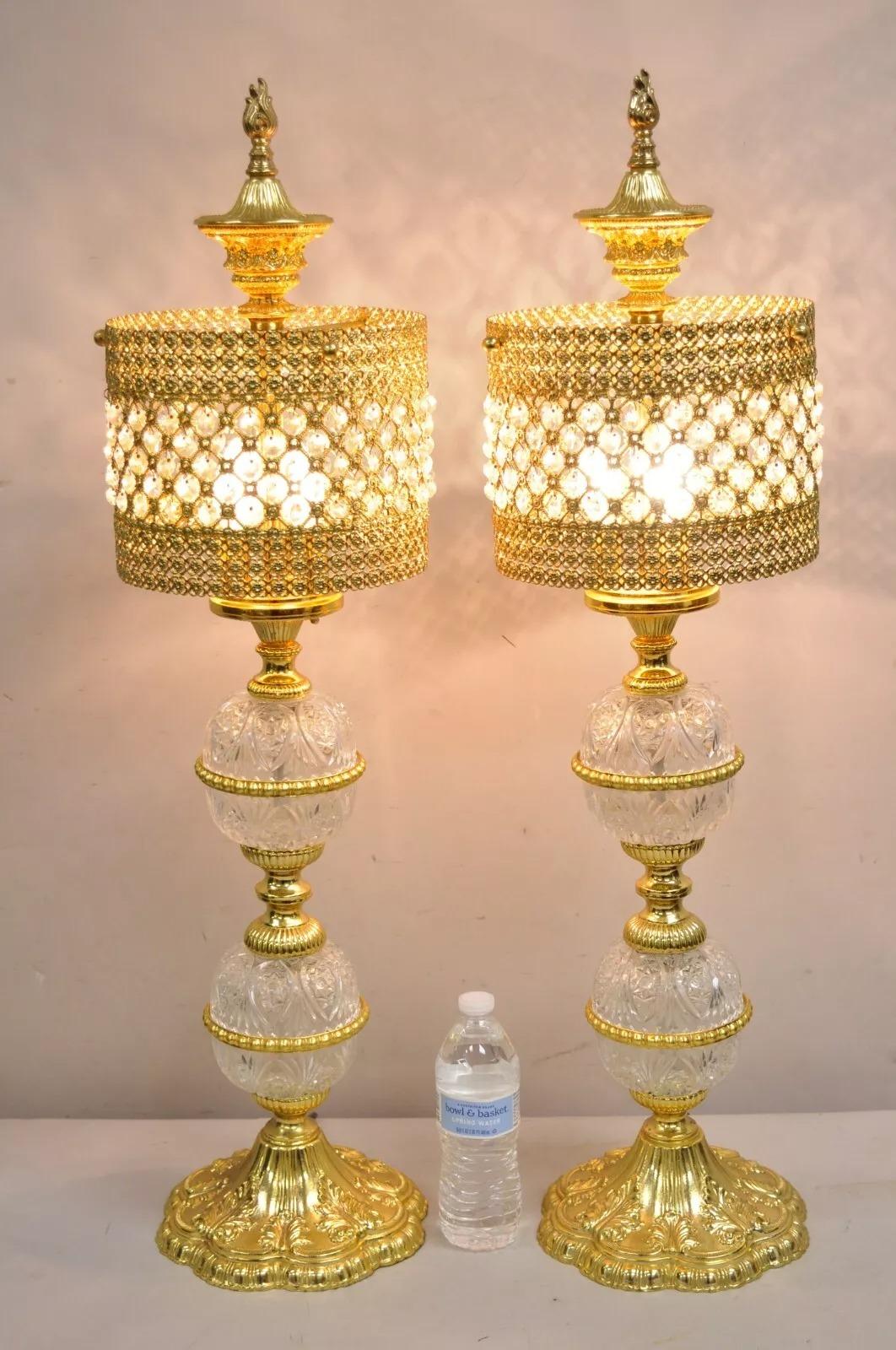 Vintage Italian Hollywoood Regency Gold Glass & Crystal Table Lamps - a Pair For Sale 5