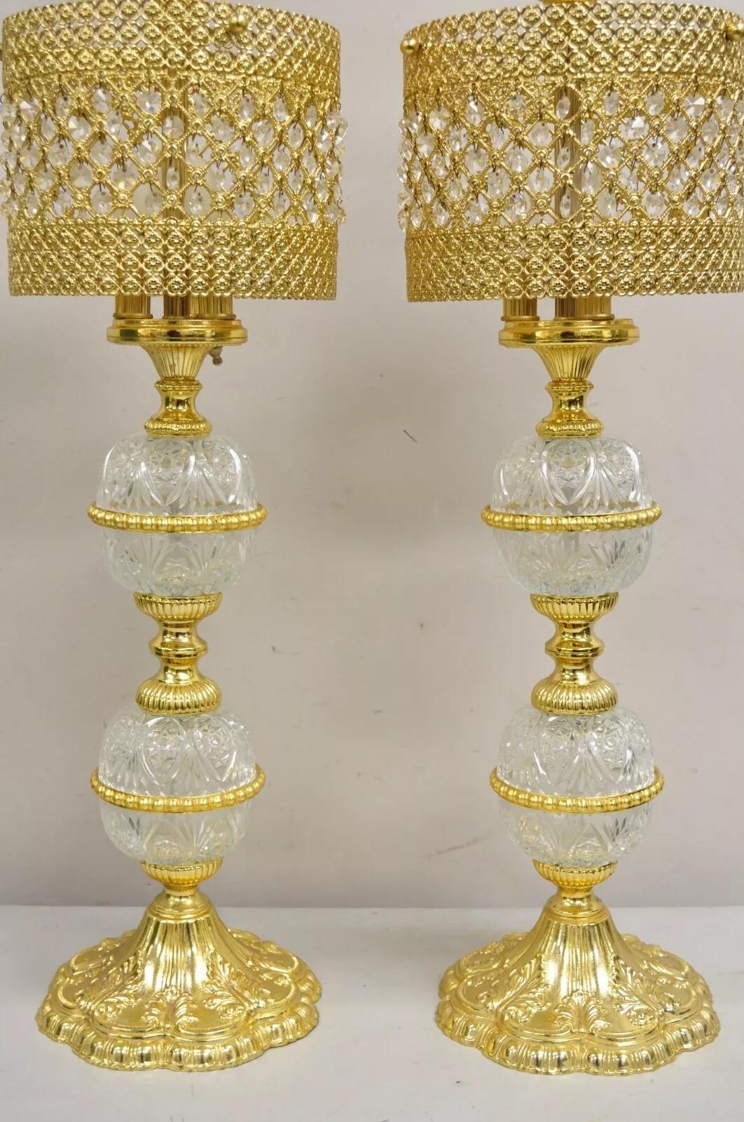 Hollywood Regency Vintage Italian Hollywoood Regency Gold Glass & Crystal Table Lamps - a Pair For Sale