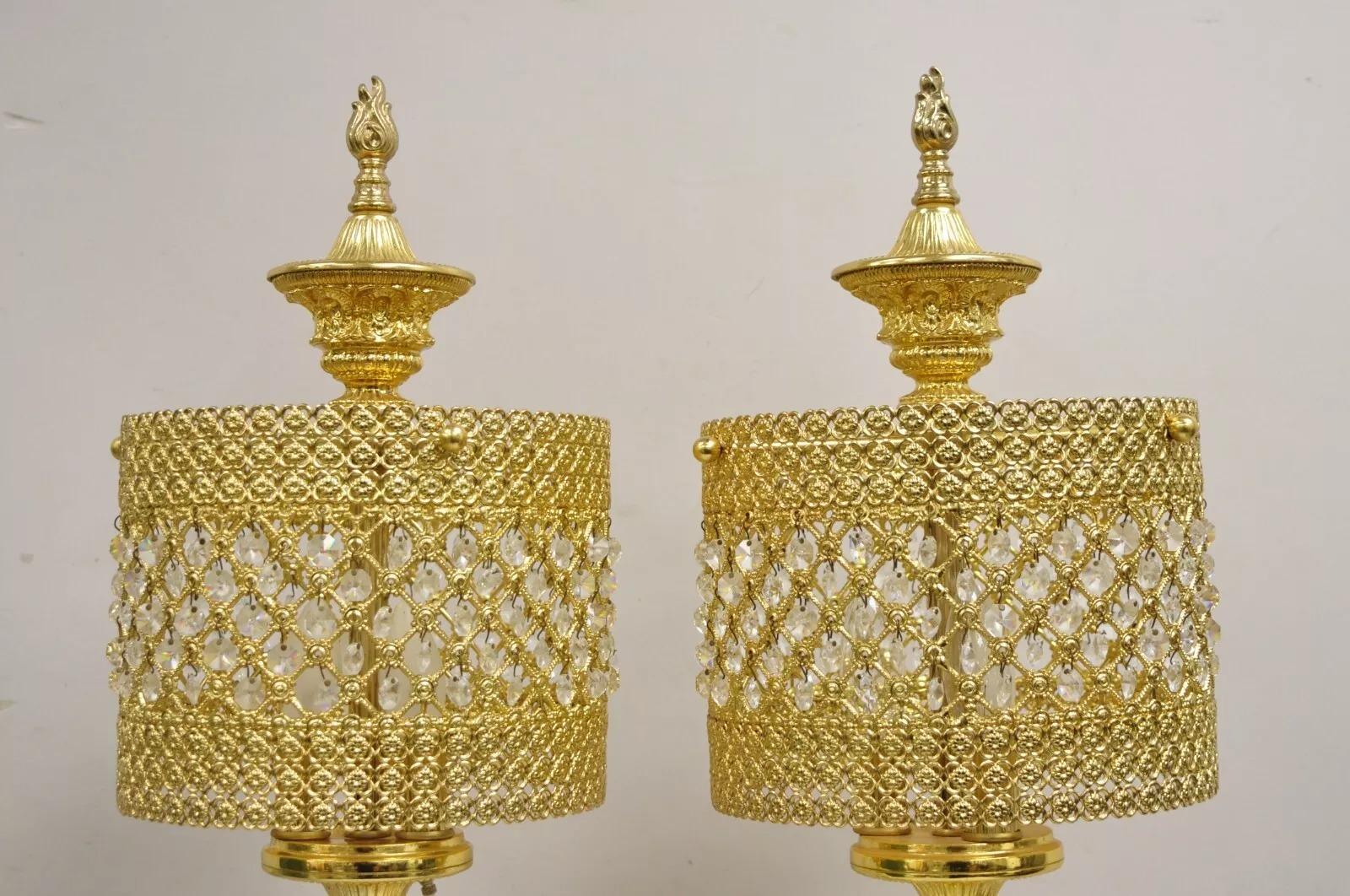 Vintage Italian Hollywoood Regency Gold Glass & Crystal Table Lamps - a Pair In Good Condition For Sale In Philadelphia, PA