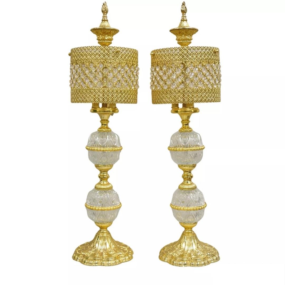 Vintage Italian Hollywoood Regency Gold Glass & Crystal Table Lamps - a Pair For Sale