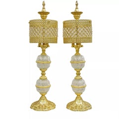 Vintage Italian Hollywoood Regency Gold Glass & Crystal Table Lamps - a Pair