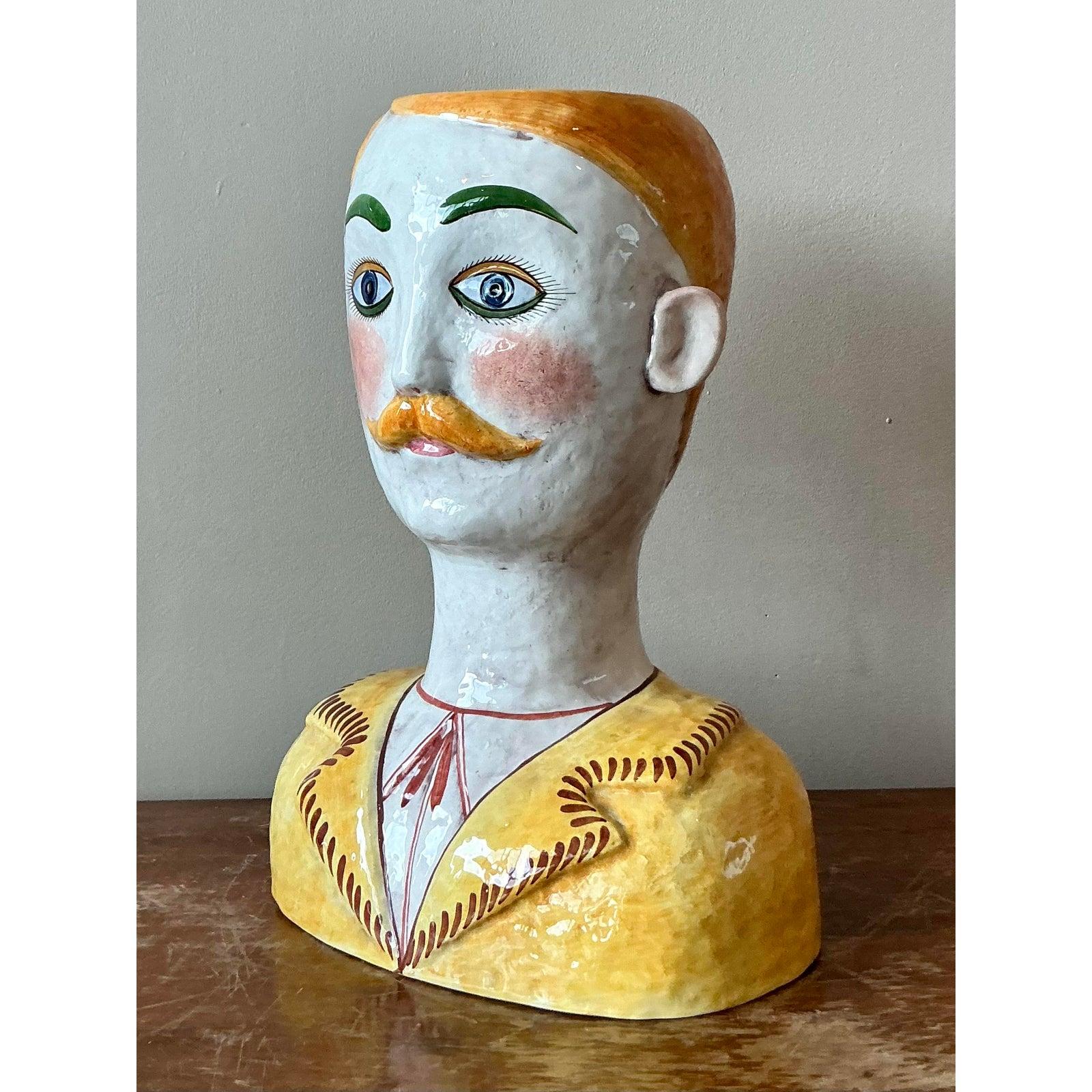This charming vintage planter, originally retailed by Horchow, is a delightful example of Italian glazed ceramic artistry. Crafted into the whimsical form of a gentleman's bust, it features hand-painted details including a dapper mustache,