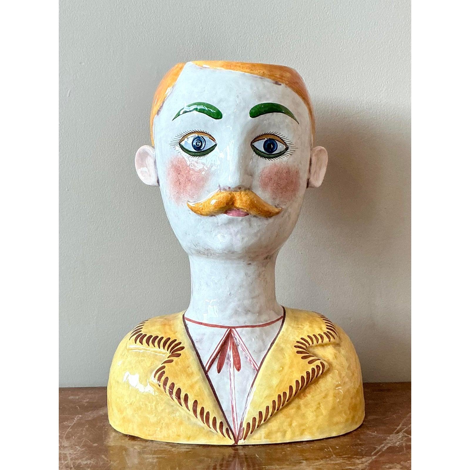 20th Century Vintage Italian Horchow Glazed Ceramic Bust Planter For Sale