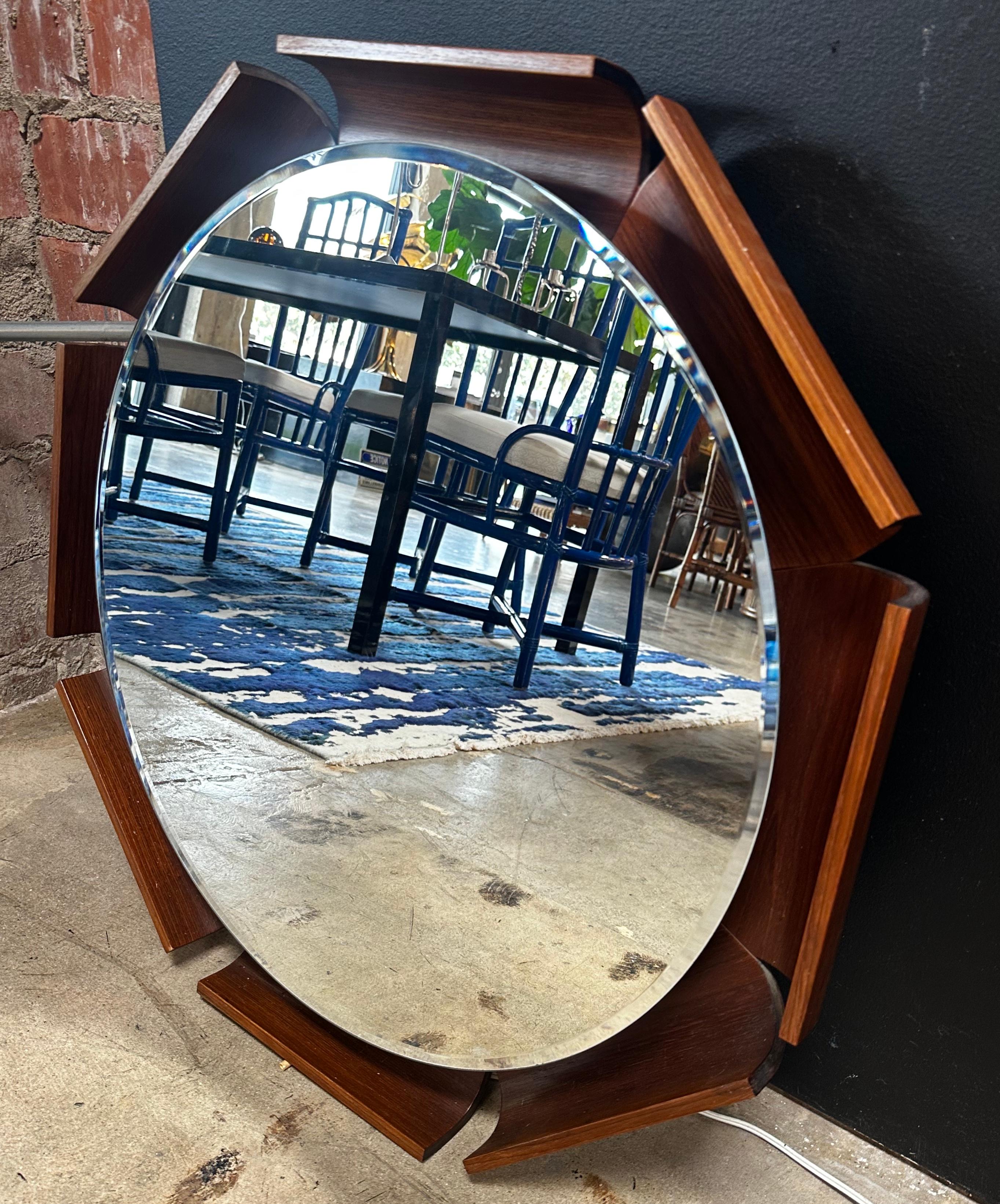 Vintage Italian Illuminated Wood Wall Mirror 1980s by ISA In Good Condition For Sale In Los Angeles, CA