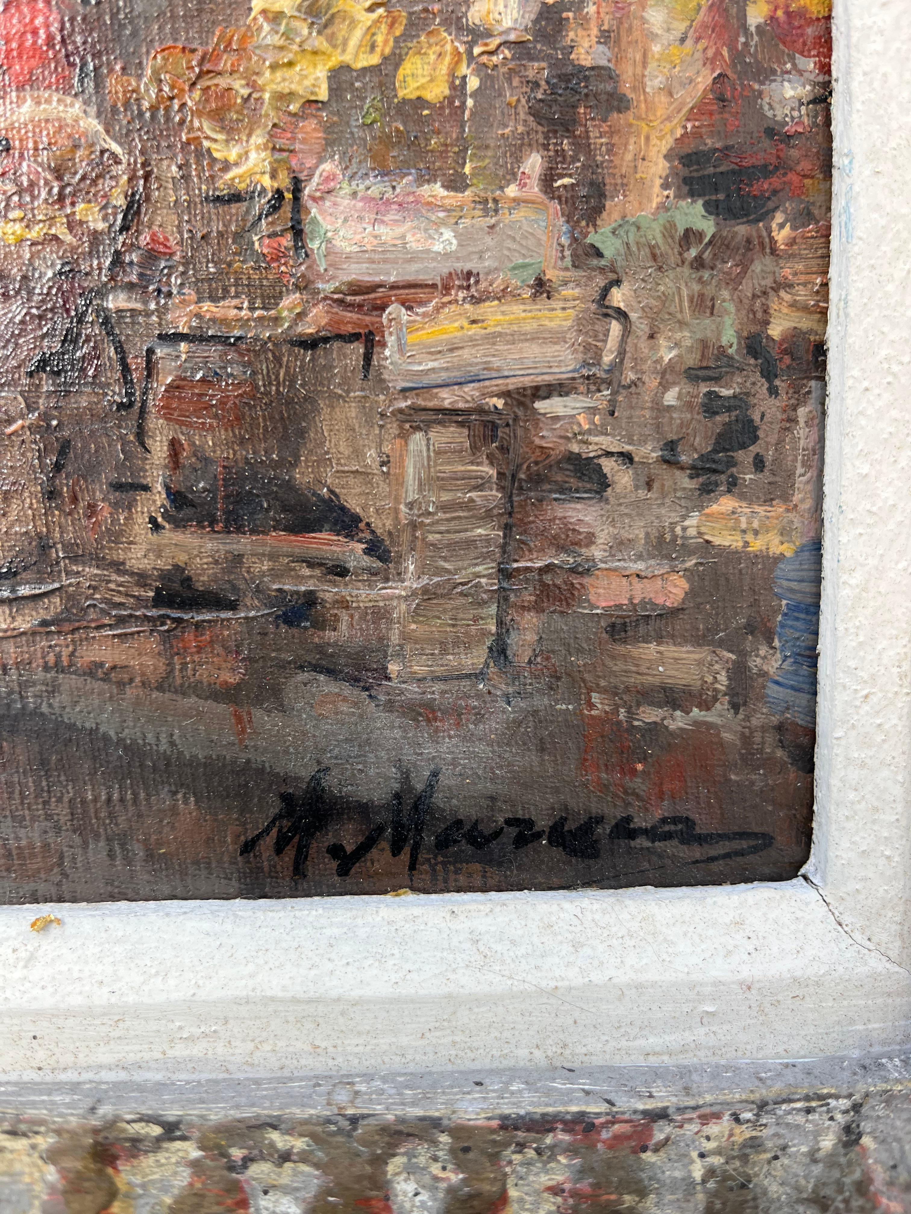 Vintage Italienisch Impressionist Genre Gemälde Öl auf Karton, signiert im Angebot 3