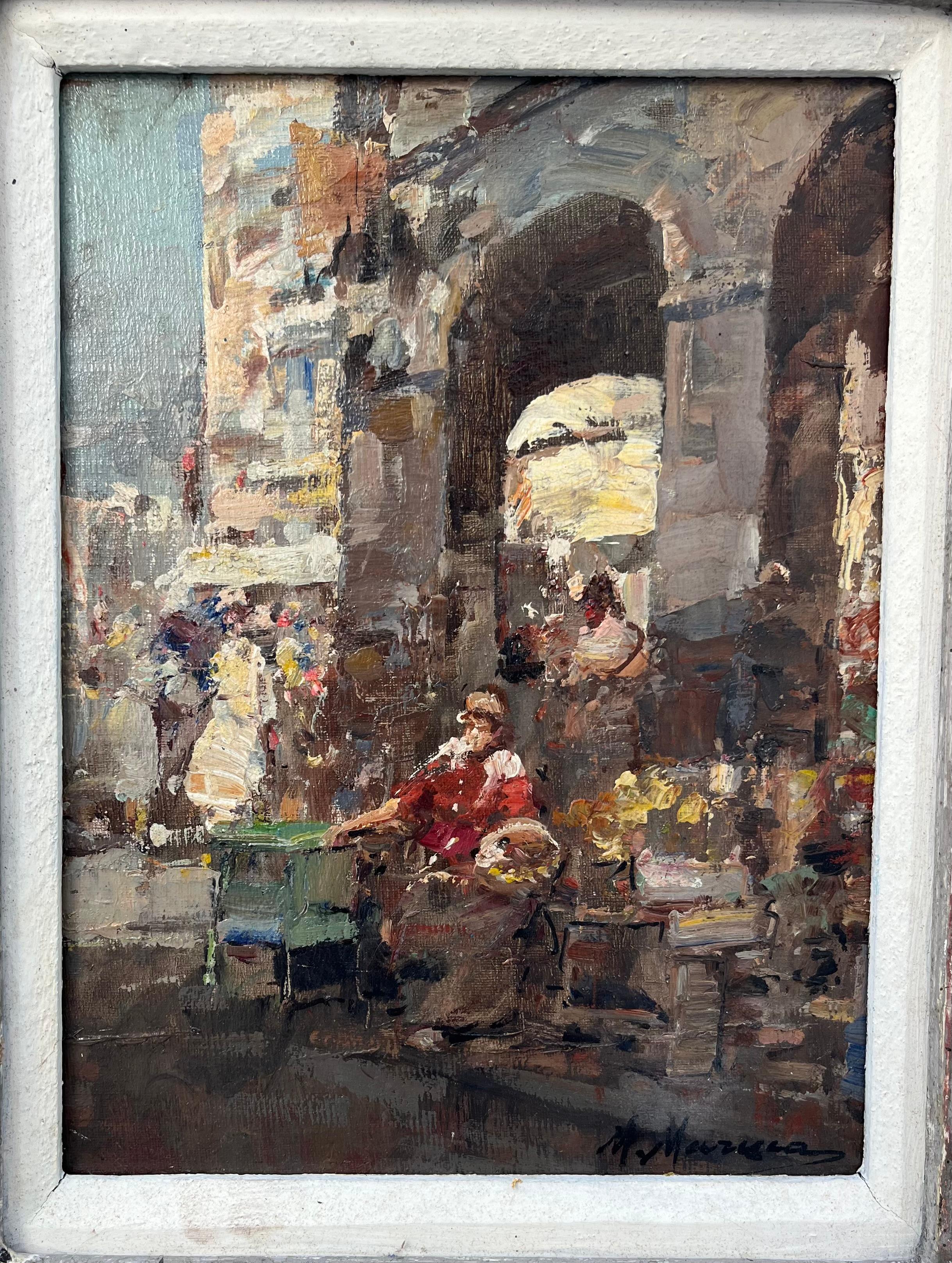 Vintage Italienisch Impressionist Genre Gemälde Öl auf Karton, signiert

Dieses schöne impressionistische italienische Ölgemälde fängt die lebhafte Atmosphäre eines italienischen Straßenmarktes ein. Das Gemälde aus dem frühen 20. Jahrhundert stellt