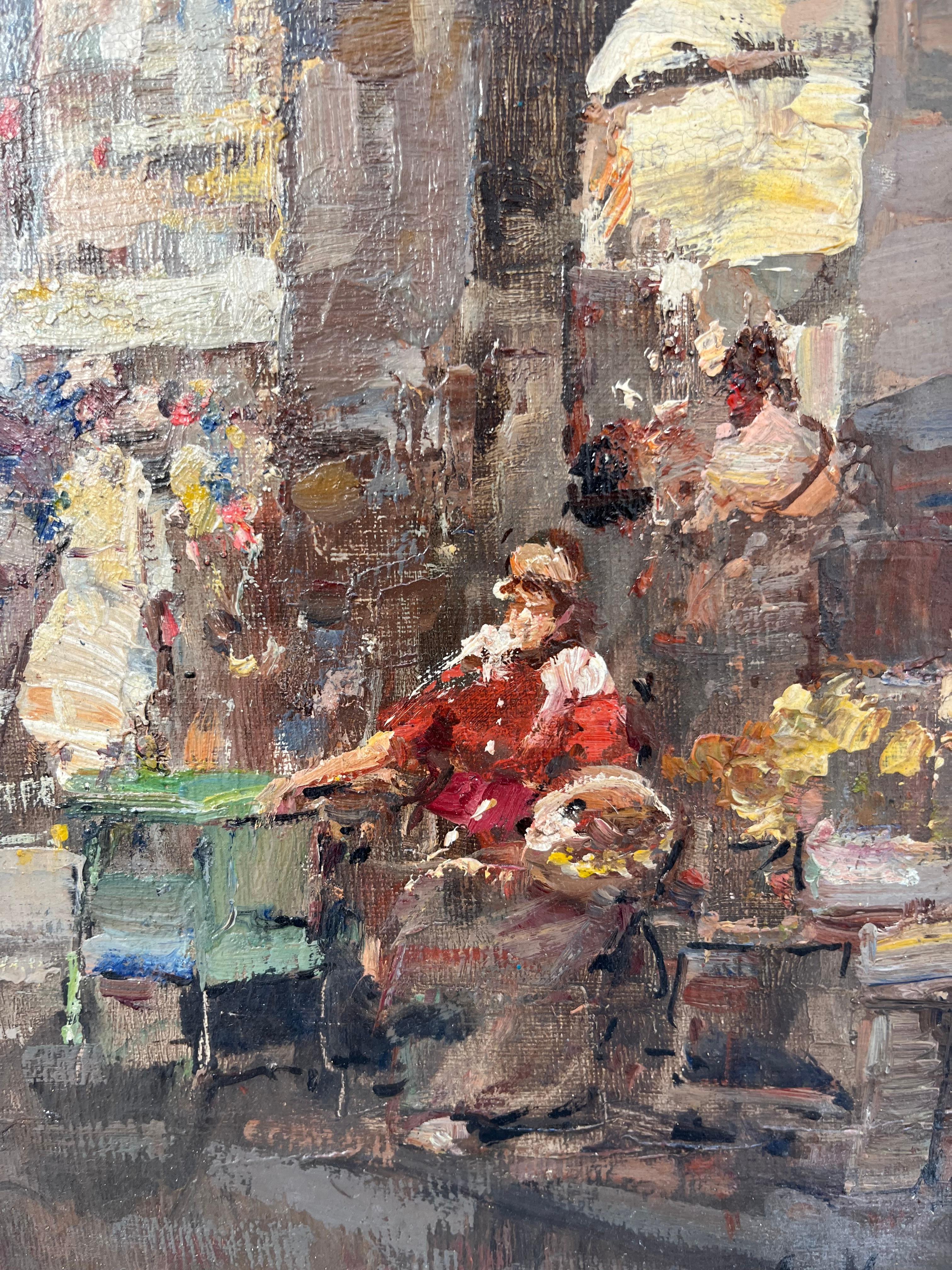 Vintage Italienisch Impressionist Genre Gemälde Öl auf Karton, signiert (Arts and Crafts) im Angebot