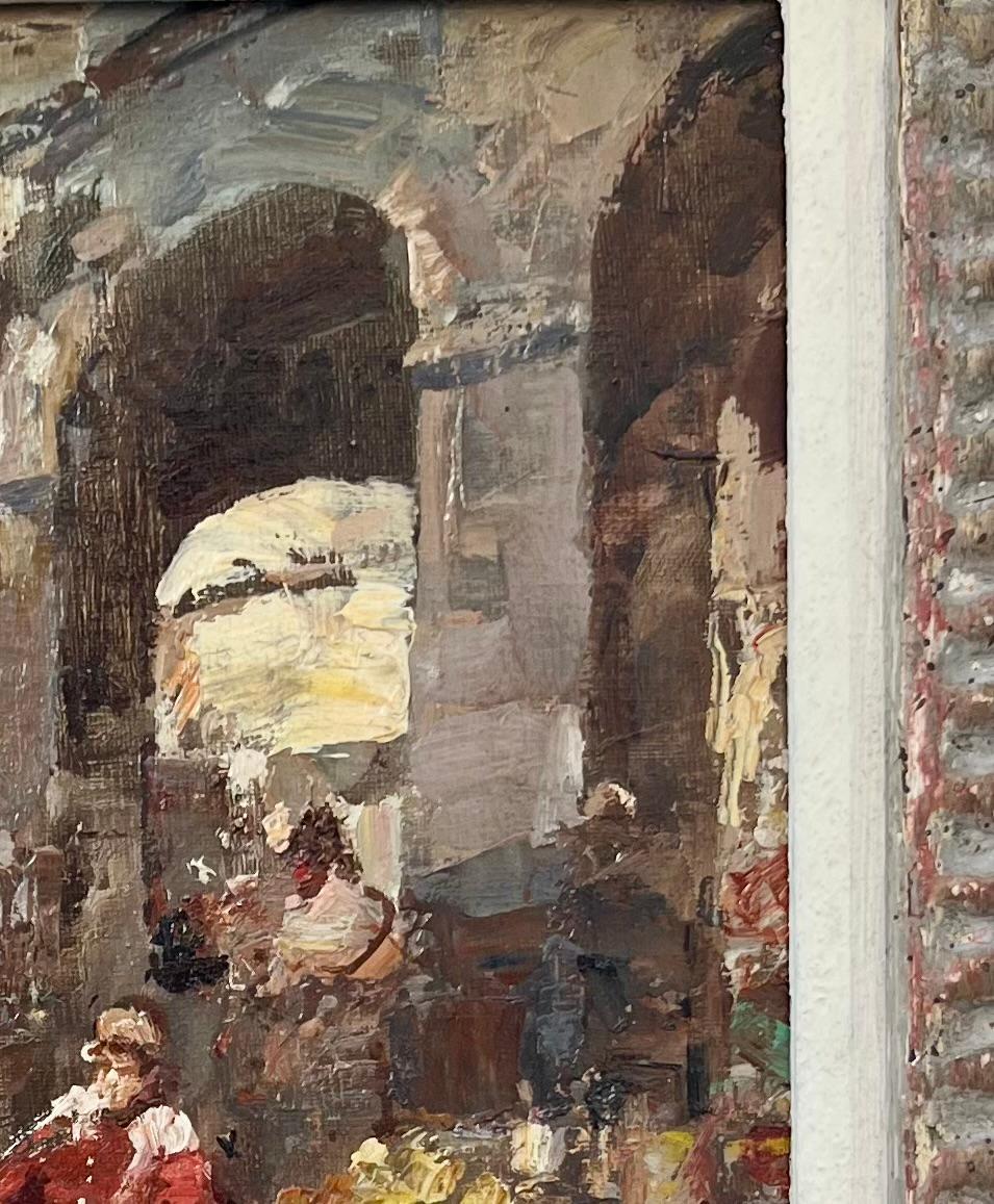 Vintage Italienisch Impressionist Genre Gemälde Öl auf Karton, signiert (Handbemalt) im Angebot
