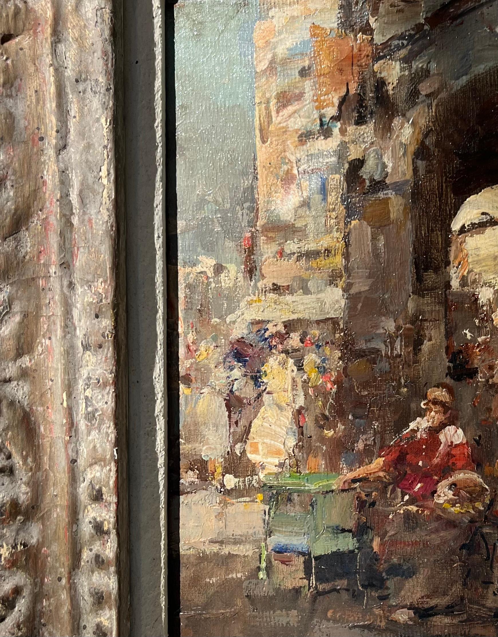 Vintage Italienisch Impressionist Genre Gemälde Öl auf Karton, signiert im Zustand „Gut“ im Angebot in Vero Beach, FL