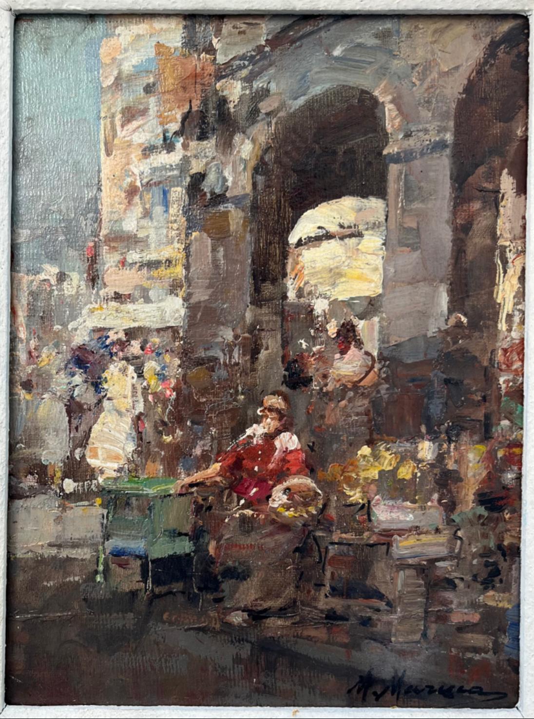 Vintage Italienisch Impressionist Genre Gemälde Öl auf Karton, signiert (20. Jahrhundert) im Angebot