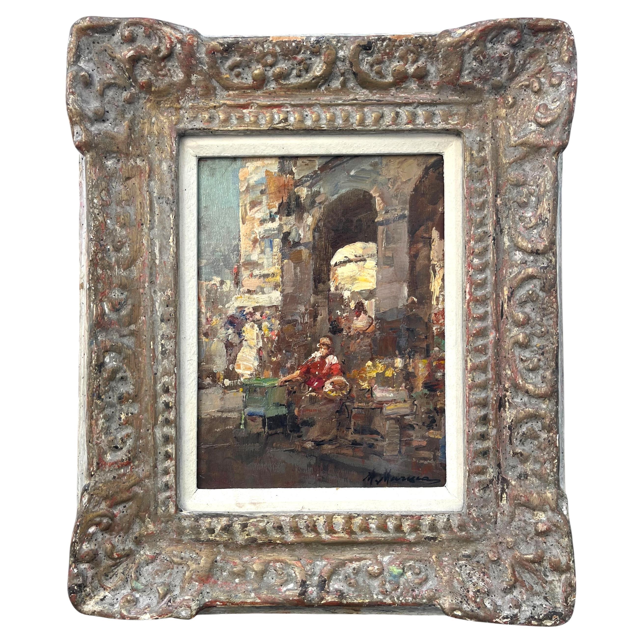 Vintage Italienisch Impressionist Genre Gemälde Öl auf Karton, signiert