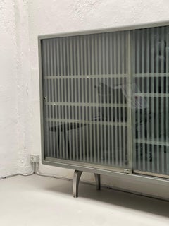 Vintage Italian Industrial Cabinet / Vitrine with Striped Glass Sliding Doors