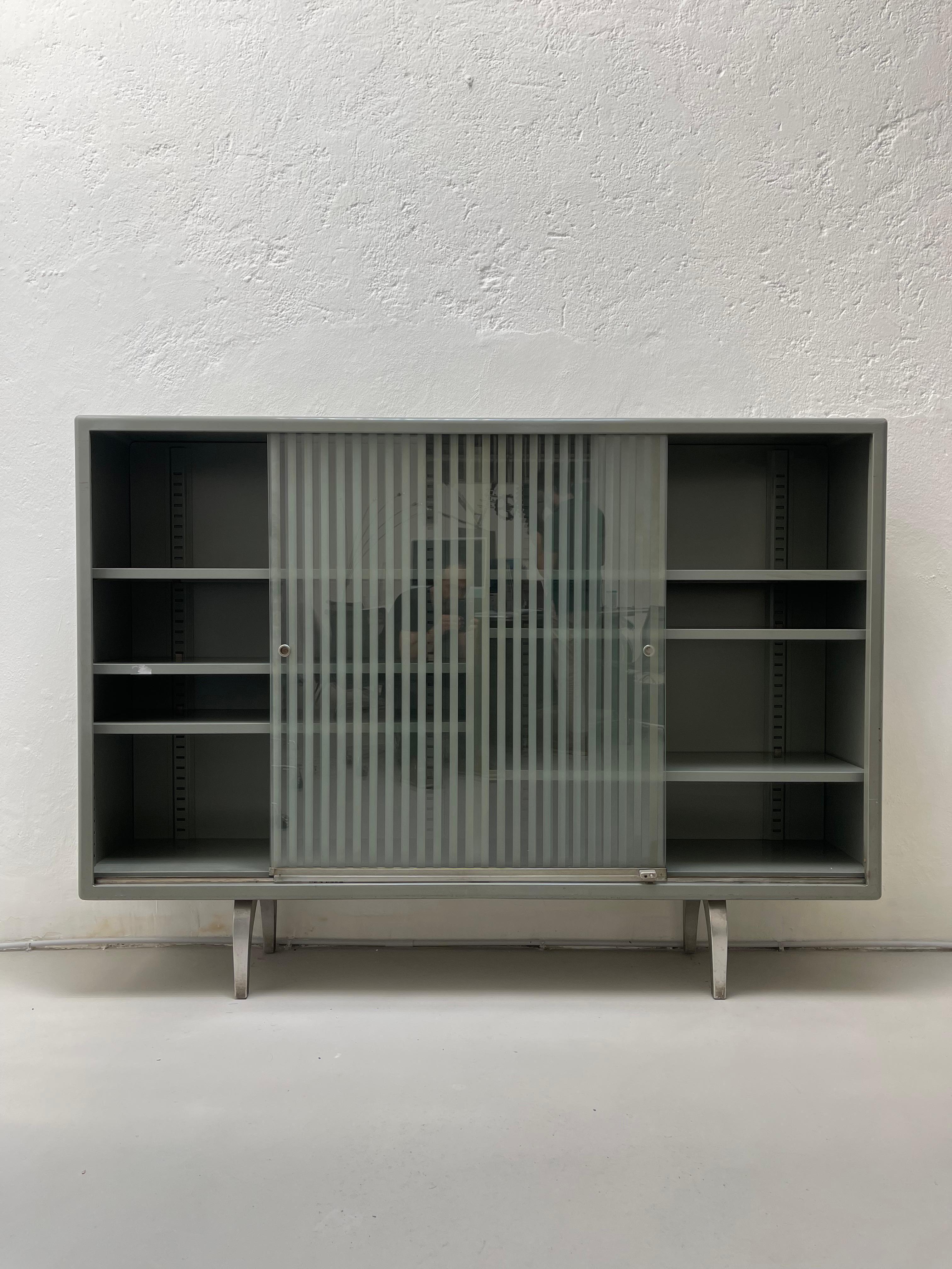 Mid-20th Century Vintage Italian Industrial Cabinet / Vitrine with Striped Glass Sliding Doors For Sale