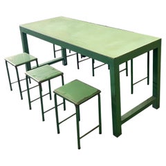 Vintage Italian Industrial Set of Work Table and Six Matching Stools, Green Iron
