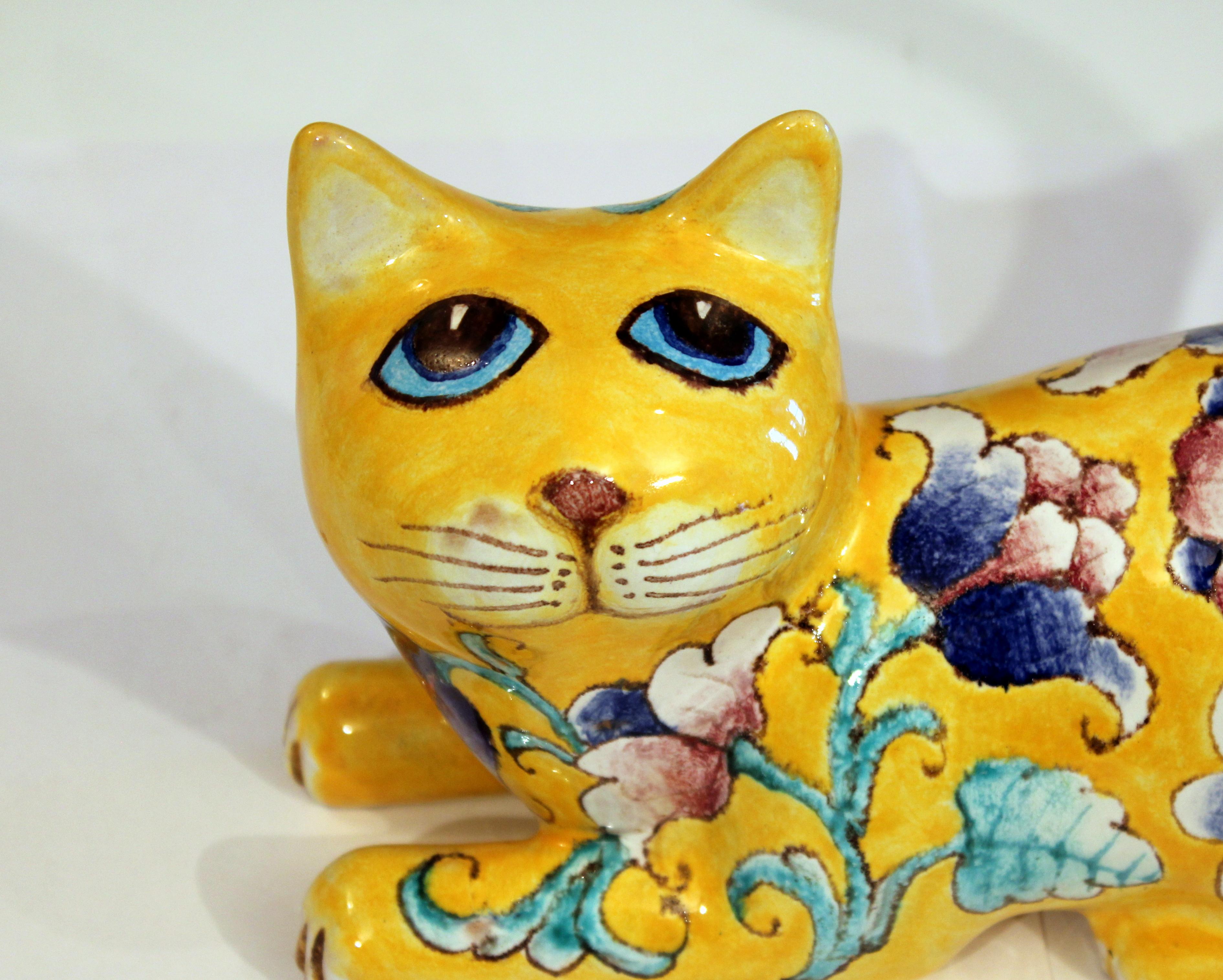 Mid-Century Modern Vintage Italian Innocenti Pottery Atomic Yellow Glaze Cat Figure Raymor