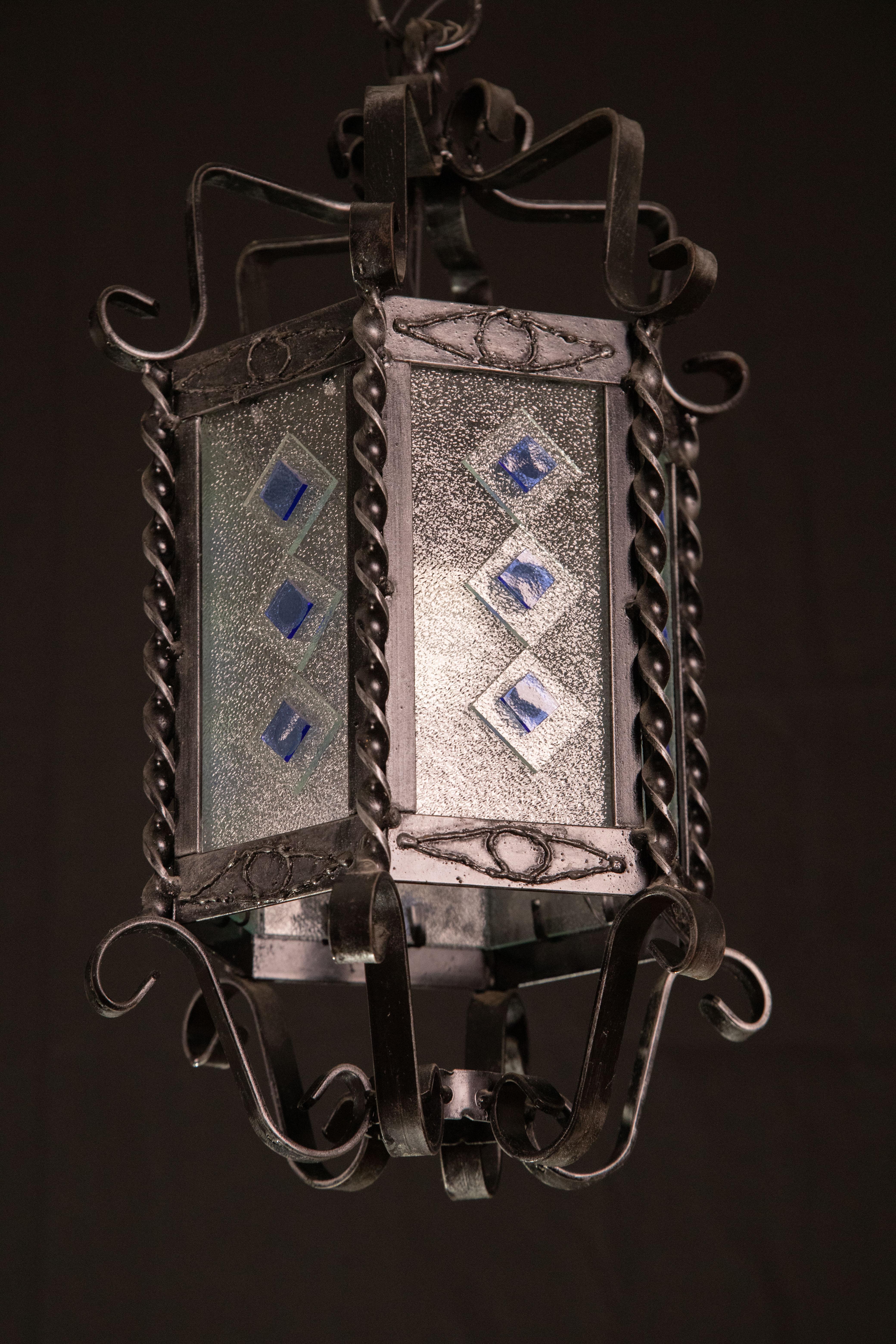 Vintage Italian Iron and Glass Lantern, 1960s For Sale 5