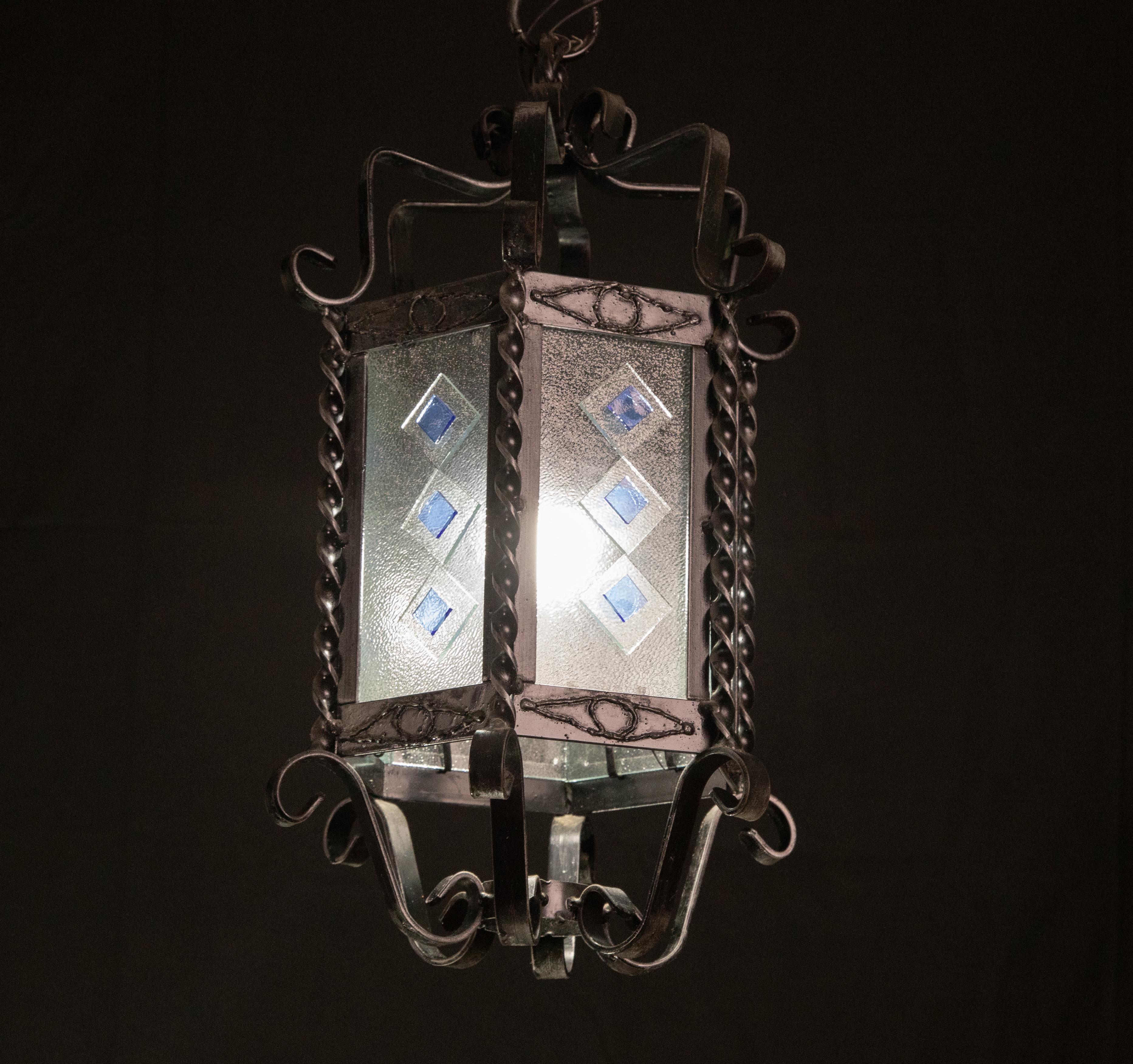Vintage Italian Iron and Glass Lantern, 1960s In Good Condition For Sale In Roma, IT