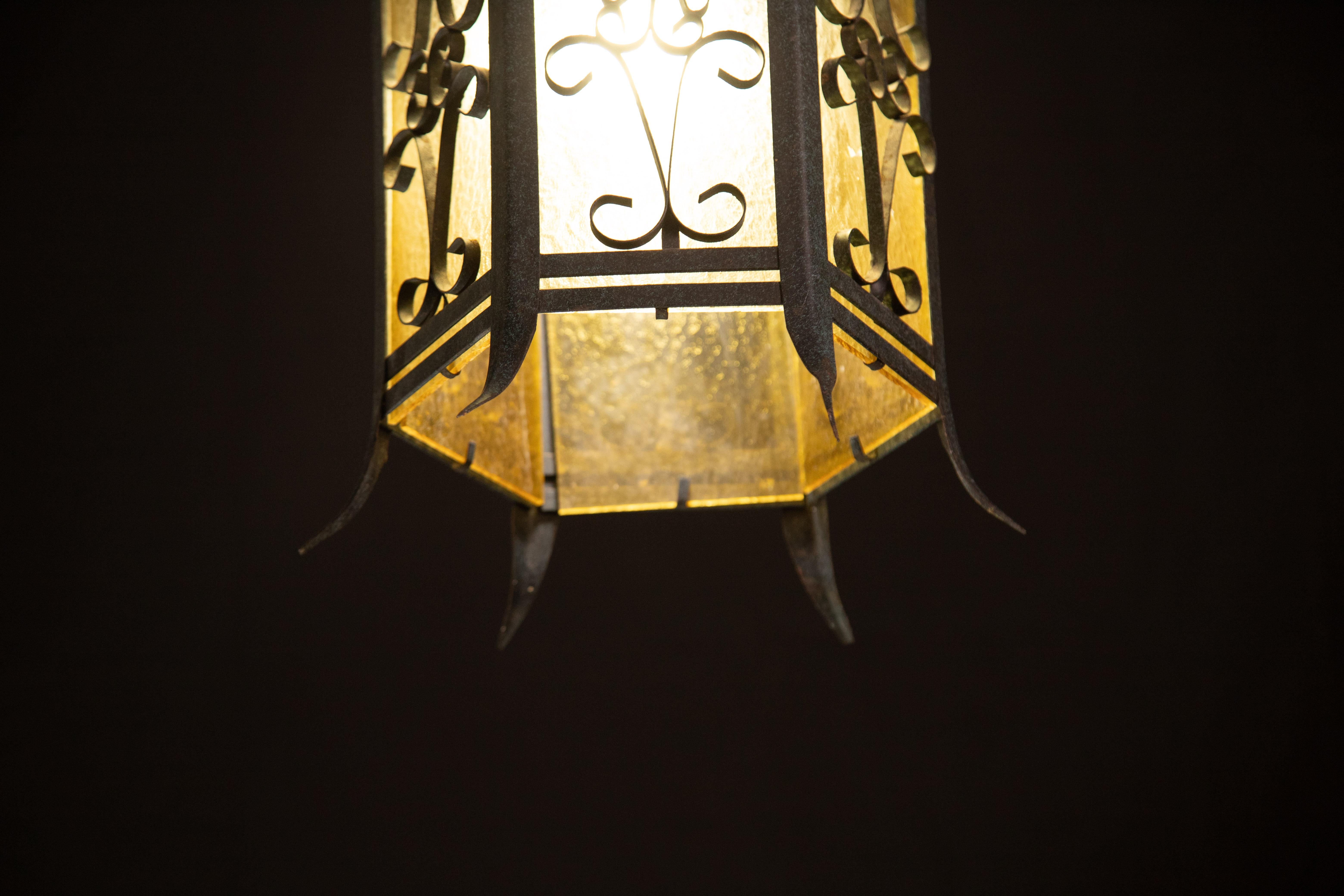 Art Glass Vintage Italian Iron and Glass Lantern, 1960s For Sale