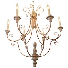 Vintage Italian Iron and Wood Chandelier with 6 Lights
