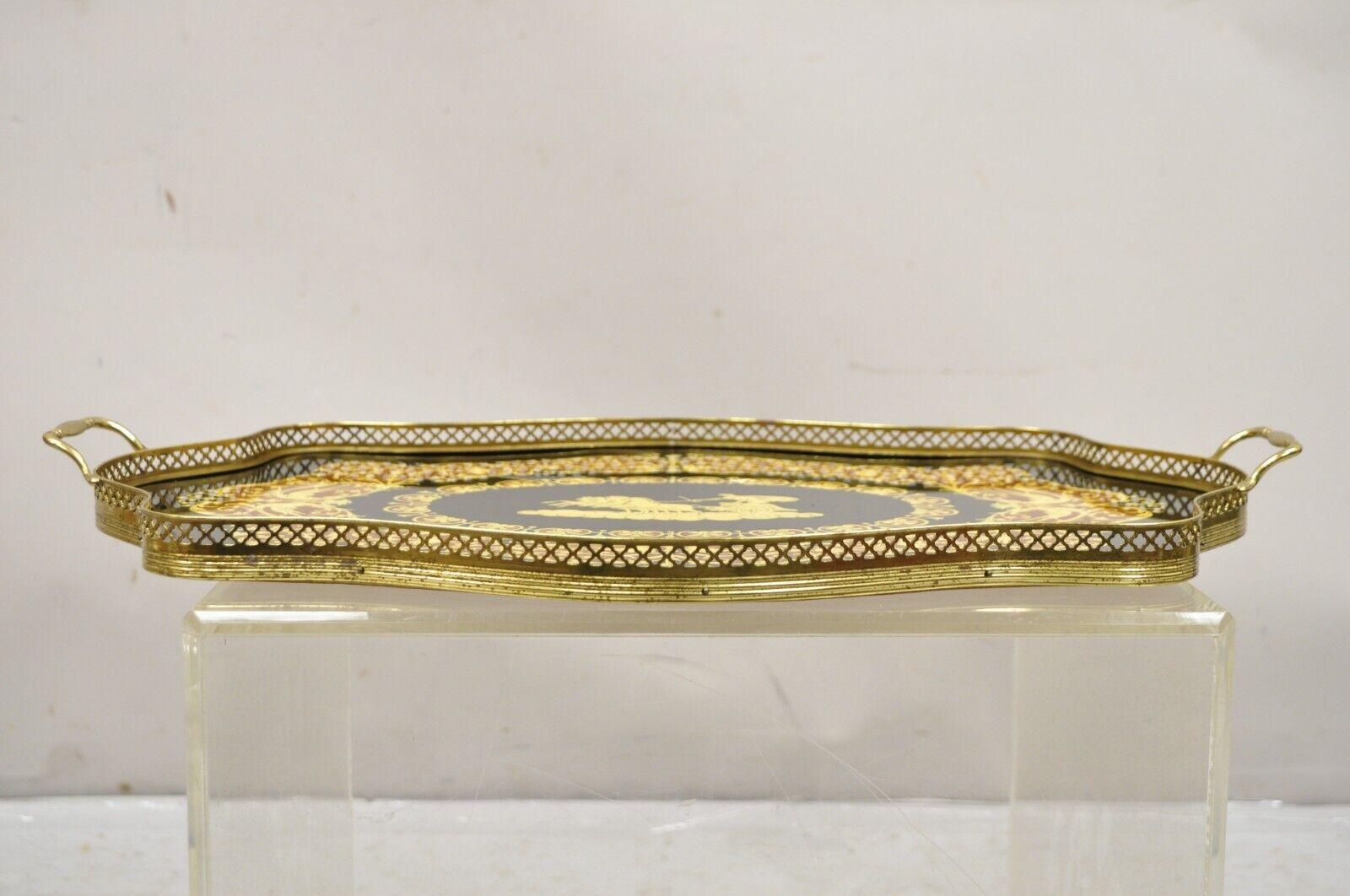 Hollywood Regency Vintage Italian Lacquered Wood and Brass Chariot Marquetry Inlay Serving Tray For Sale