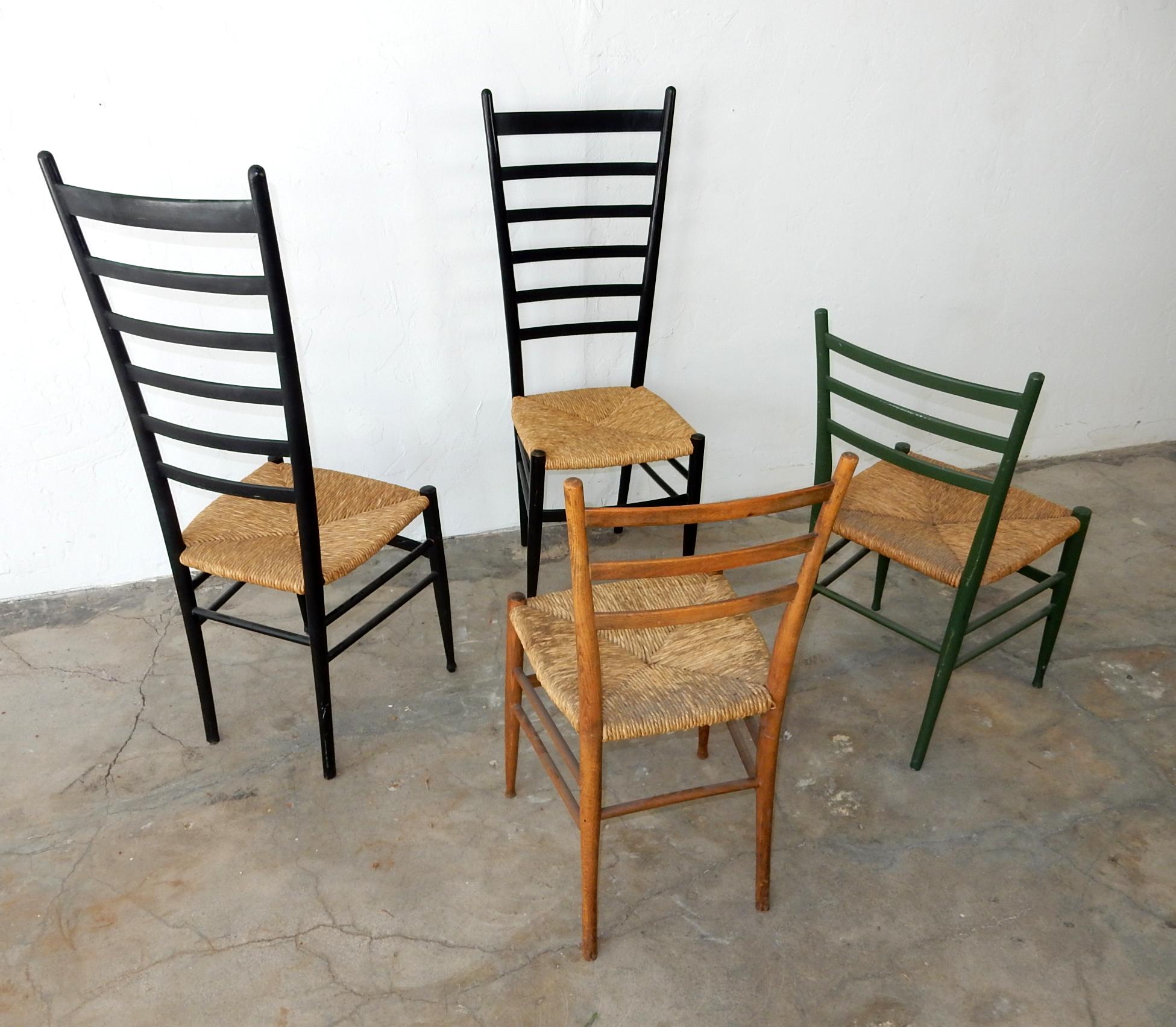 20th Century Vintage Italian Ladder Back Chairs with Rush Seating