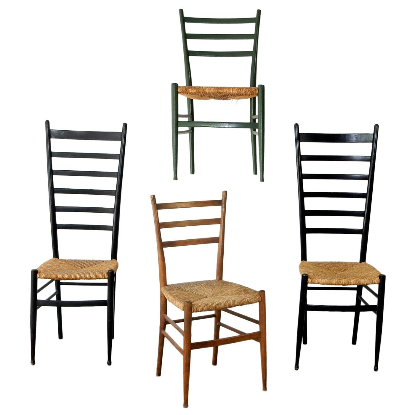 Vintage Italian Ladder Back Chairs with Rush Seating