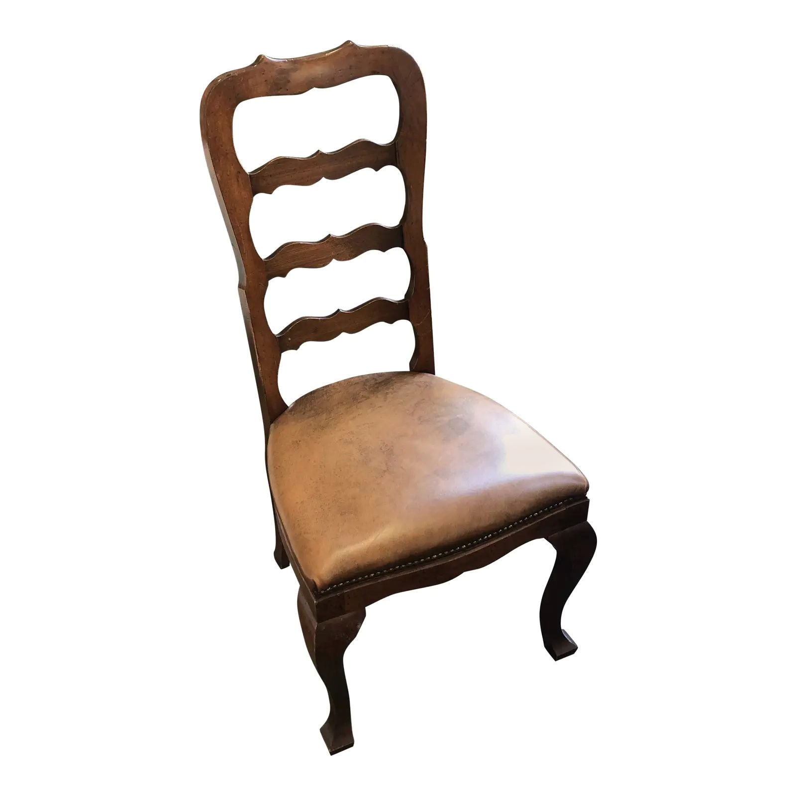 Italian Walnut Ladder Back Side Chair, Leather Seat For Sale