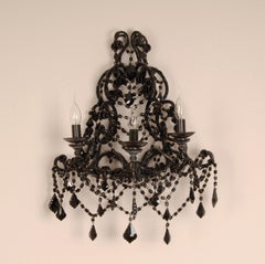 Vintage Italian Lamps Black Wrought Iron Crystal Glass Wall Sconces 3 light Pair