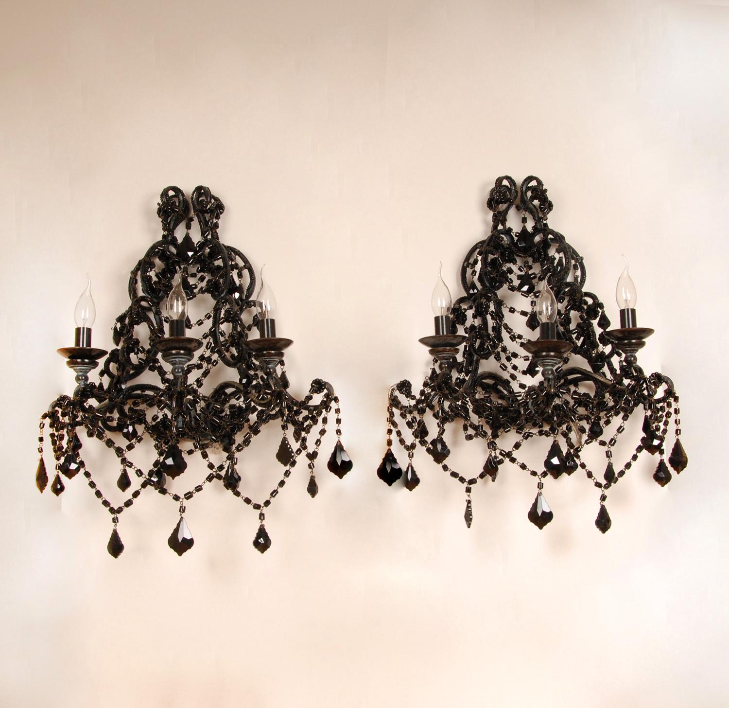 Mid-Century Modern Vintage Italian Lamps Black Wrought Iron Crystal Glass Wall Sconces 3 light Pair For Sale