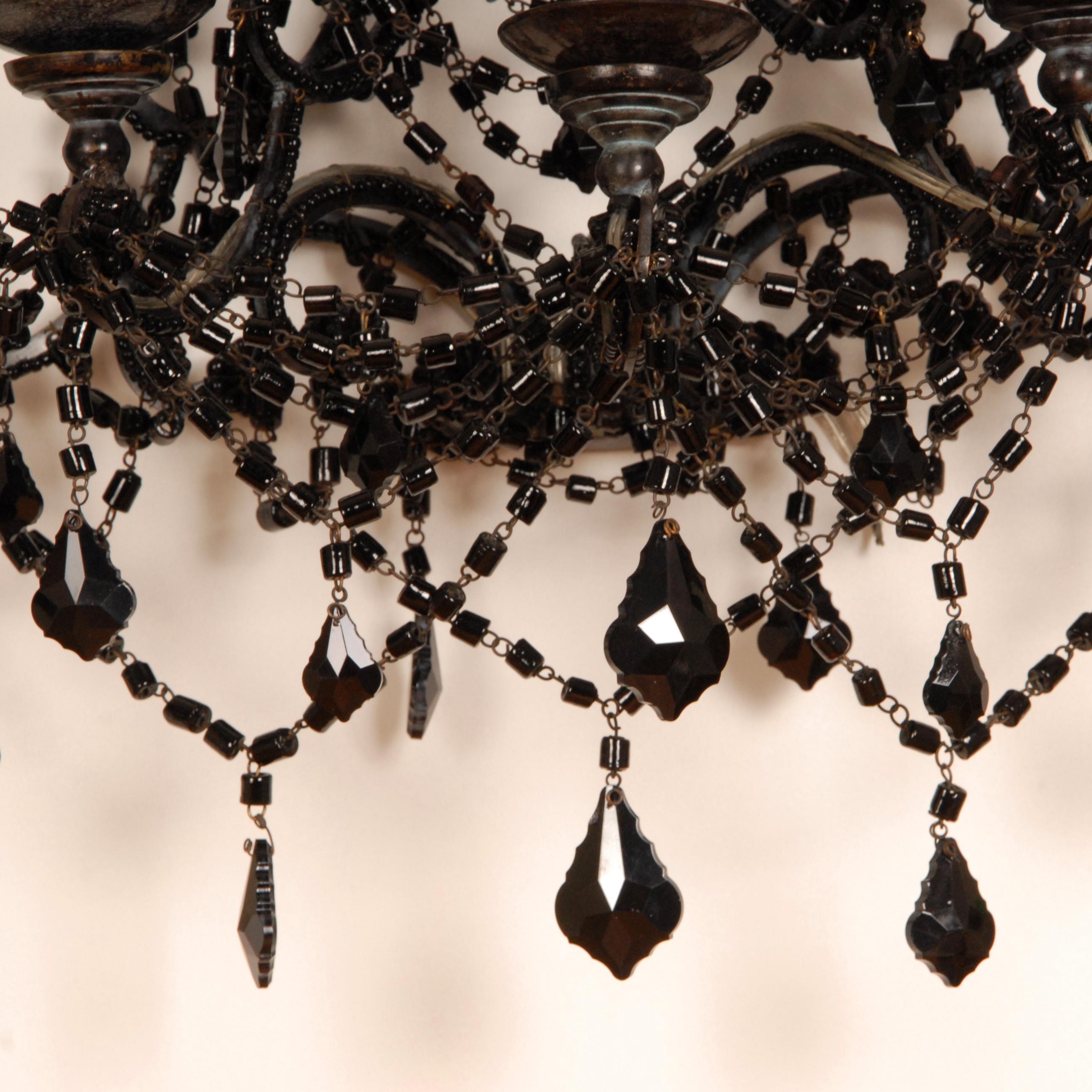 Vintage Italian Lamps Black Wrought Iron Crystal Glass Wall Sconces 3 light Pair In Good Condition For Sale In Wommelgem, VAN