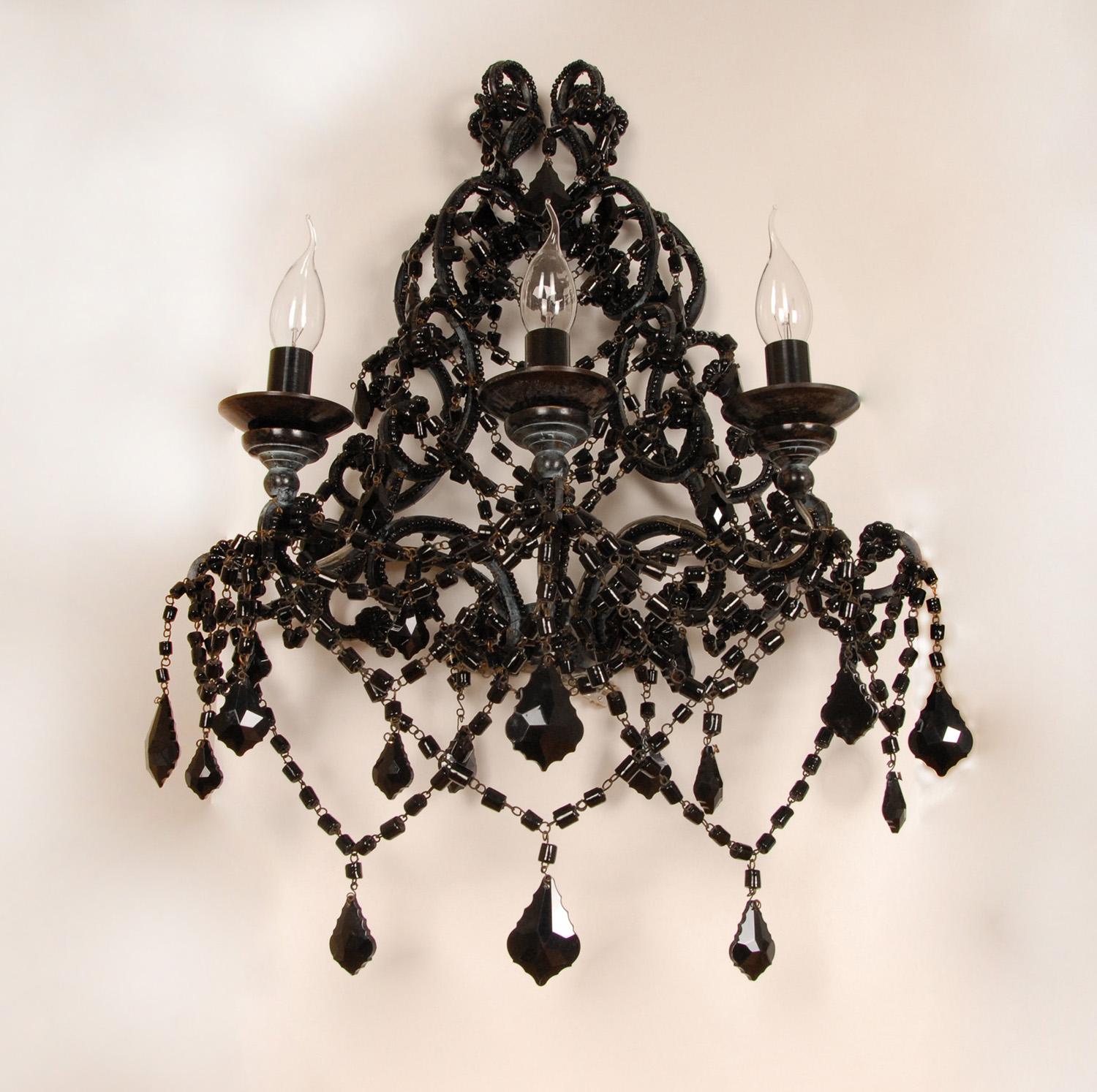 20th Century Vintage Italian Lamps Black Wrought Iron Crystal Glass Wall Sconces 3 light Pair For Sale