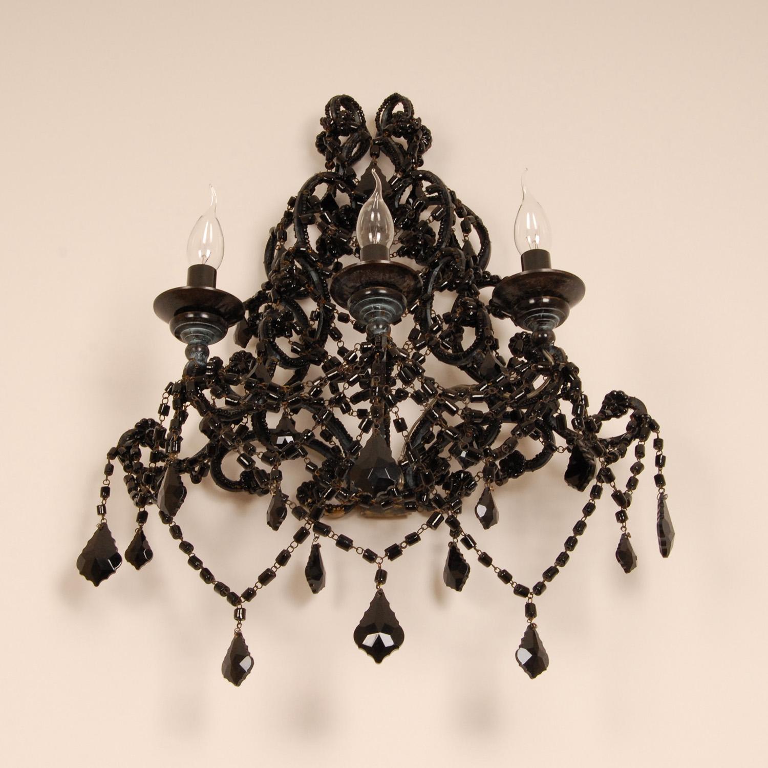 Blown Glass Vintage Italian Lamps Black Wrought Iron Crystal Glass Wall Sconces 3 light Pair For Sale