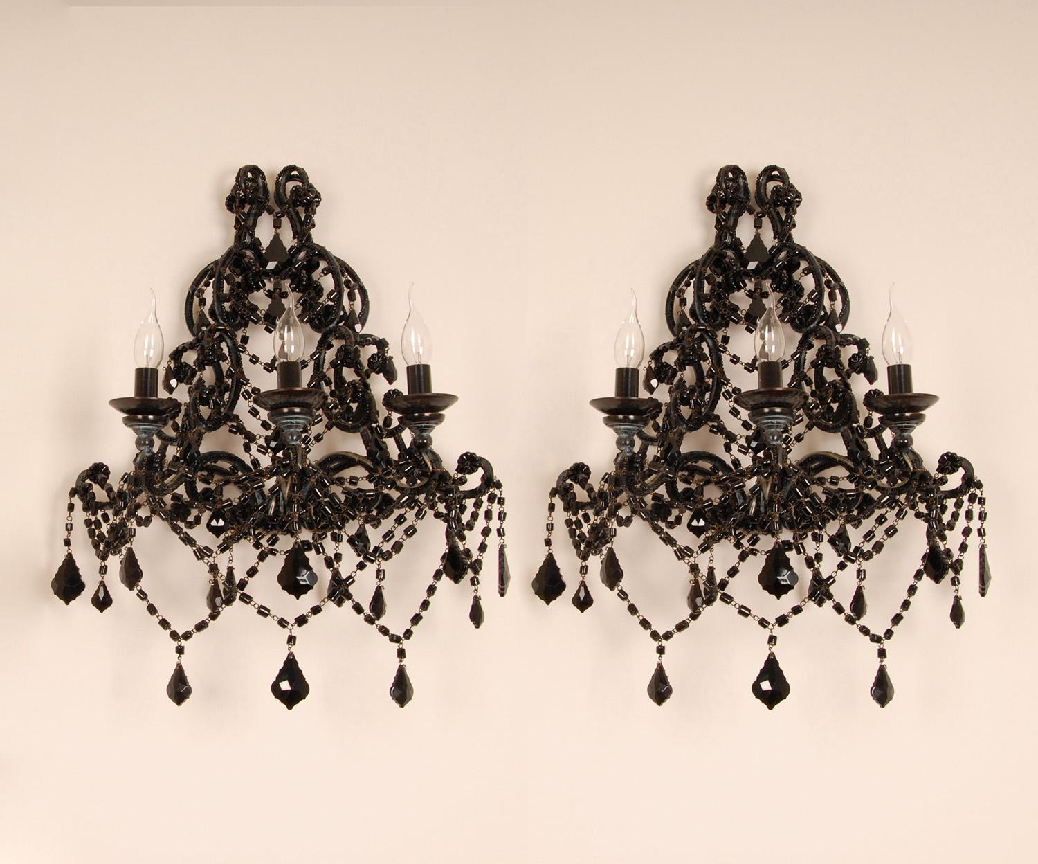 Vintage Italian Lamps Black Wrought Iron Crystal Glass Wall Sconces 3 light Pair For Sale 1