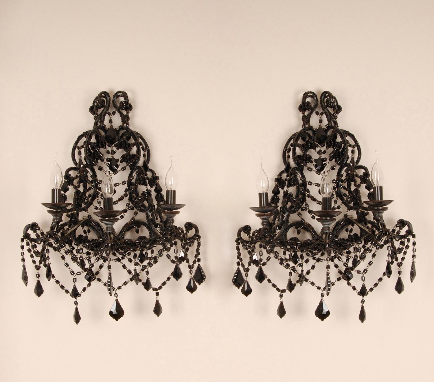 Vintage Italian Lamps Black Wrought Iron Crystal Glass Wall Sconces 3 light Pair For Sale 3