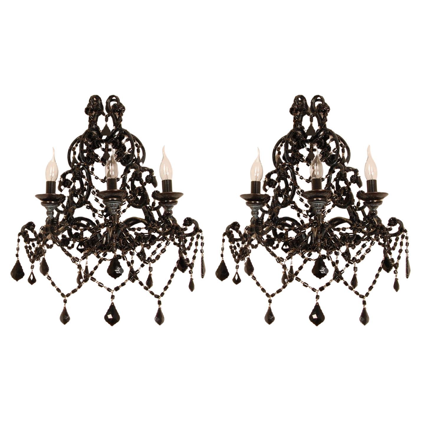 Vintage Italian Lamps Black Wrought Iron Crystal Glass Wall Sconces 3 light Pair For Sale