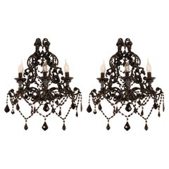 Vintage Italian Lamps Black Wrought Iron Crystal Glass Wall Sconces 3 light Pair