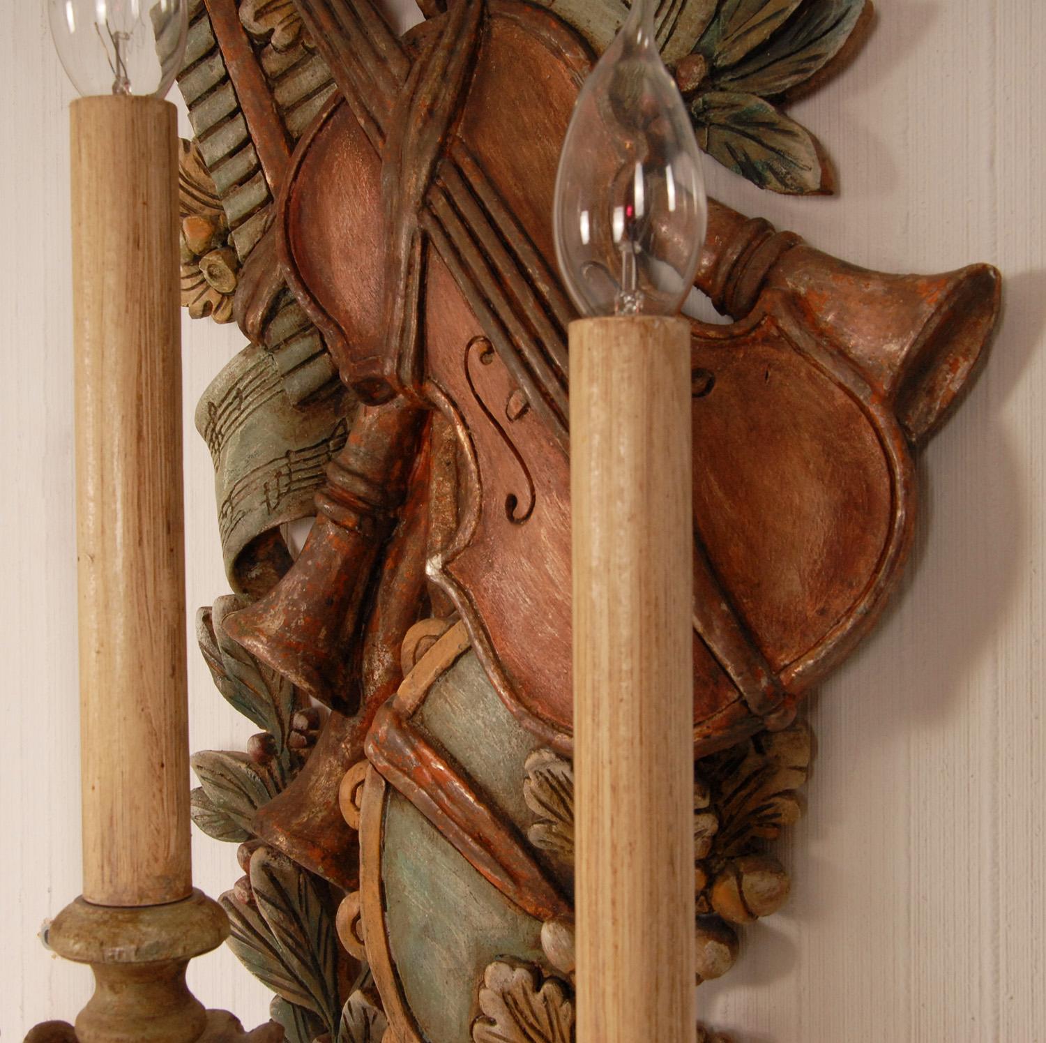 Vintage Italian Lamps Carved NeoClassical Music Trophies Wall Sconces a pair For Sale 5