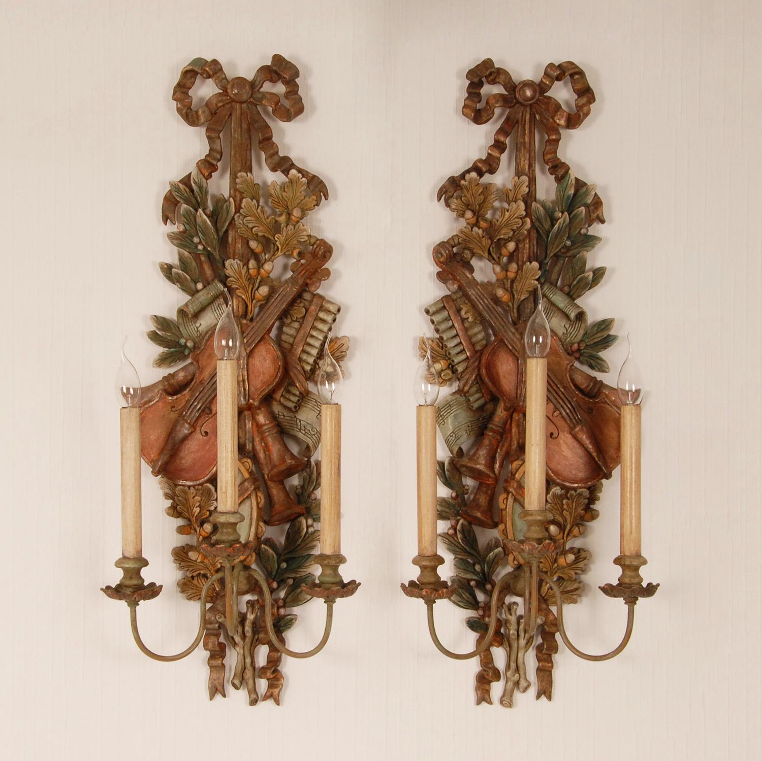 Neoclassical Vintage Italian Lamps Carved NeoClassical Music Trophies Wall Sconces a pair For Sale
