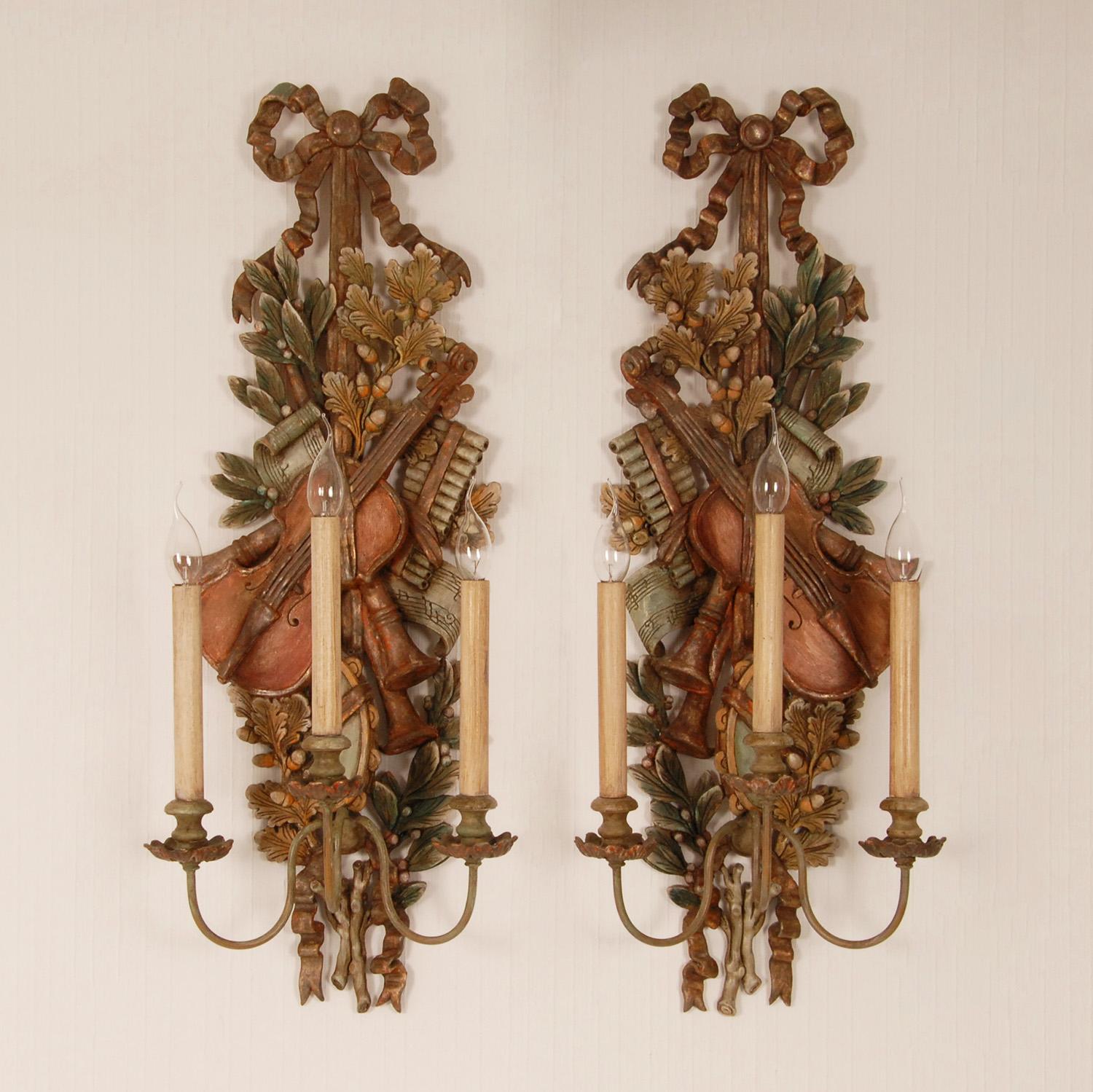 Neoclassical Vintage Italian Lamps Carved NeoClassical Music Trophies Wall Sconces a pair