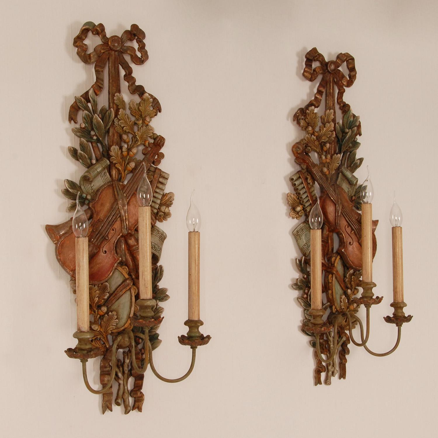 Hand-Carved Vintage Italian Lamps Carved NeoClassical Music Trophies Wall Sconces a pair For Sale