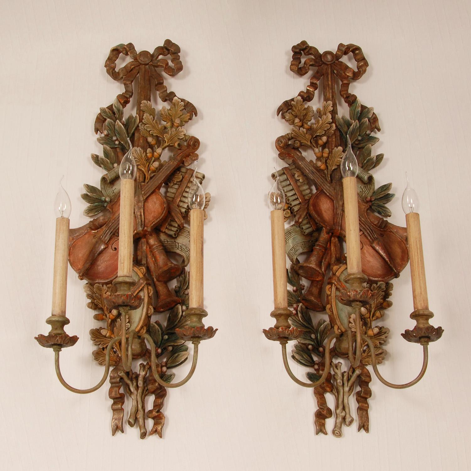 20th Century Vintage Italian Lamps Carved NeoClassical Music Trophies Wall Sconces a pair For Sale