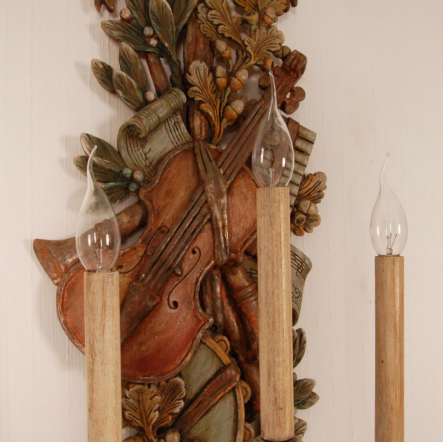 Fruitwood Vintage Italian Lamps Carved NeoClassical Music Trophies Wall Sconces a pair For Sale