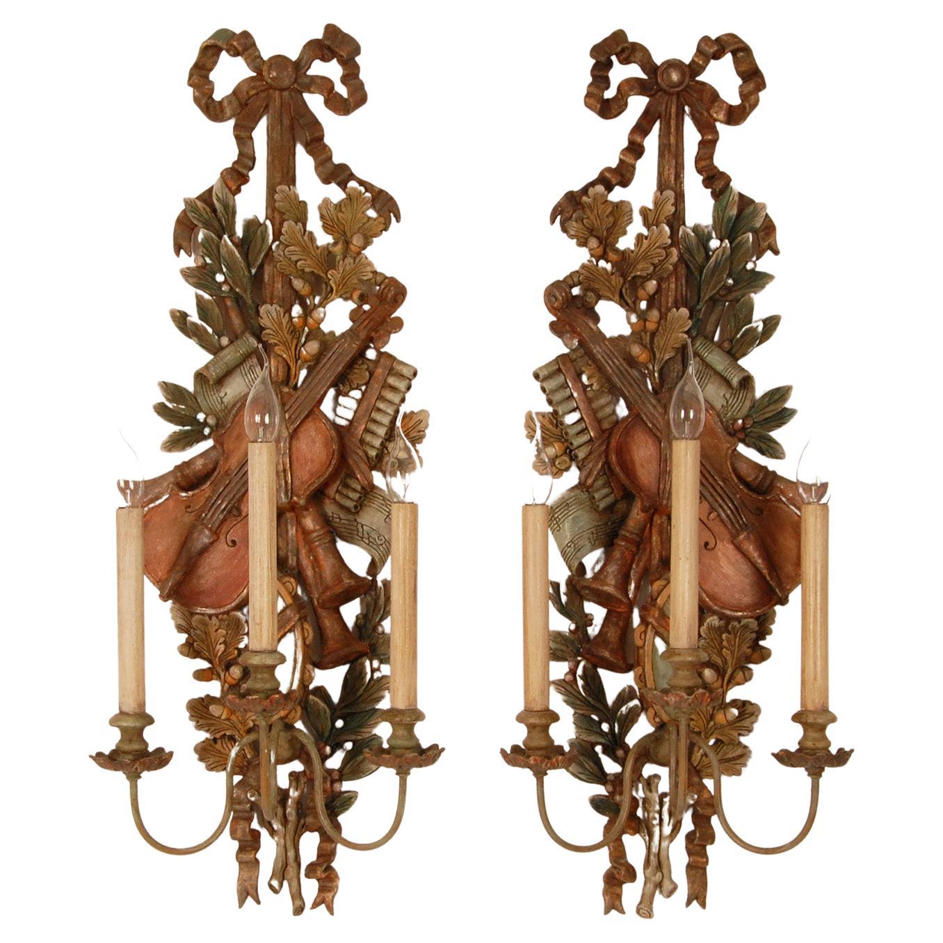 Vintage Italian Lamps Carved NeoClassical Music Trophies Wall Sconces a pair For Sale