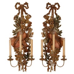 Used Italian Lamps Carved NeoClassical Music Trophies Wall Sconces a pair