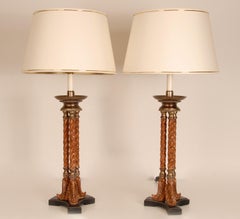 Vintage Italian Lamps Neoclassical Column Lamps Turned Burl Wood Table Lamps - A
