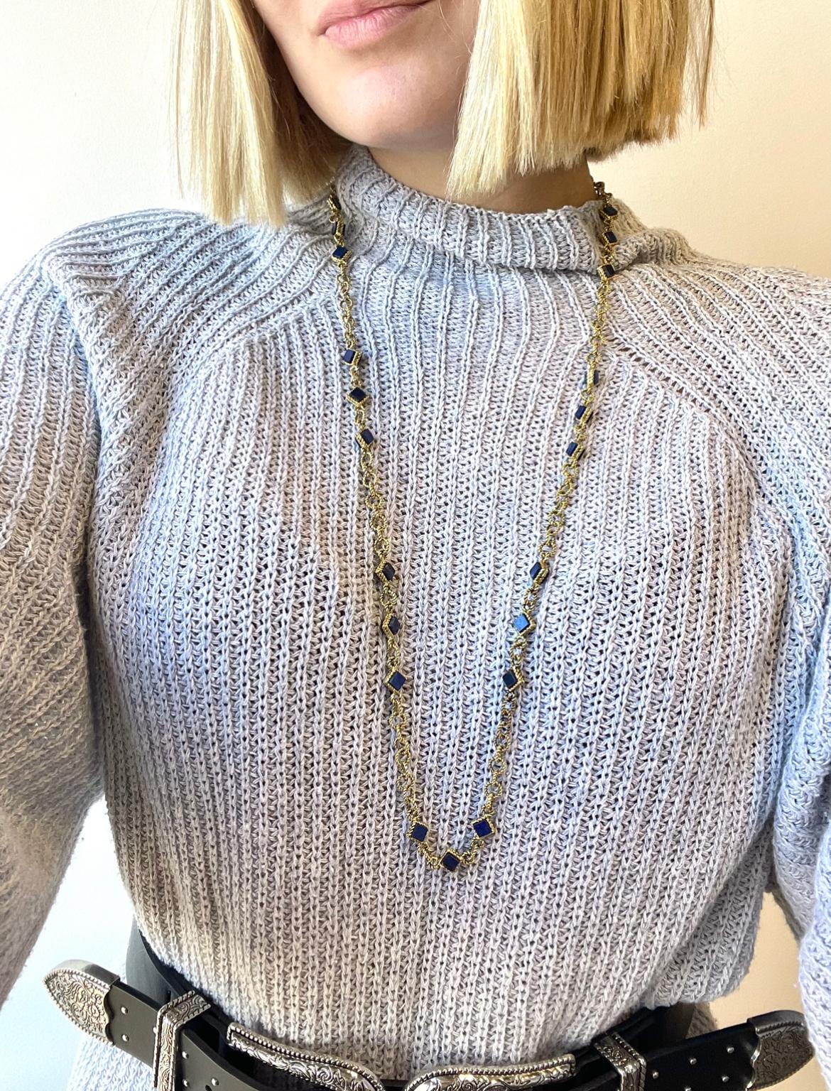 If you are looking for a unique gold chain necklace, this is the one! This Vintage Italian 18k Gold Necklace features dark blue lapis lazuli. Wear this necklace with denim for a complete look or with any other outfit for a unique accent. The